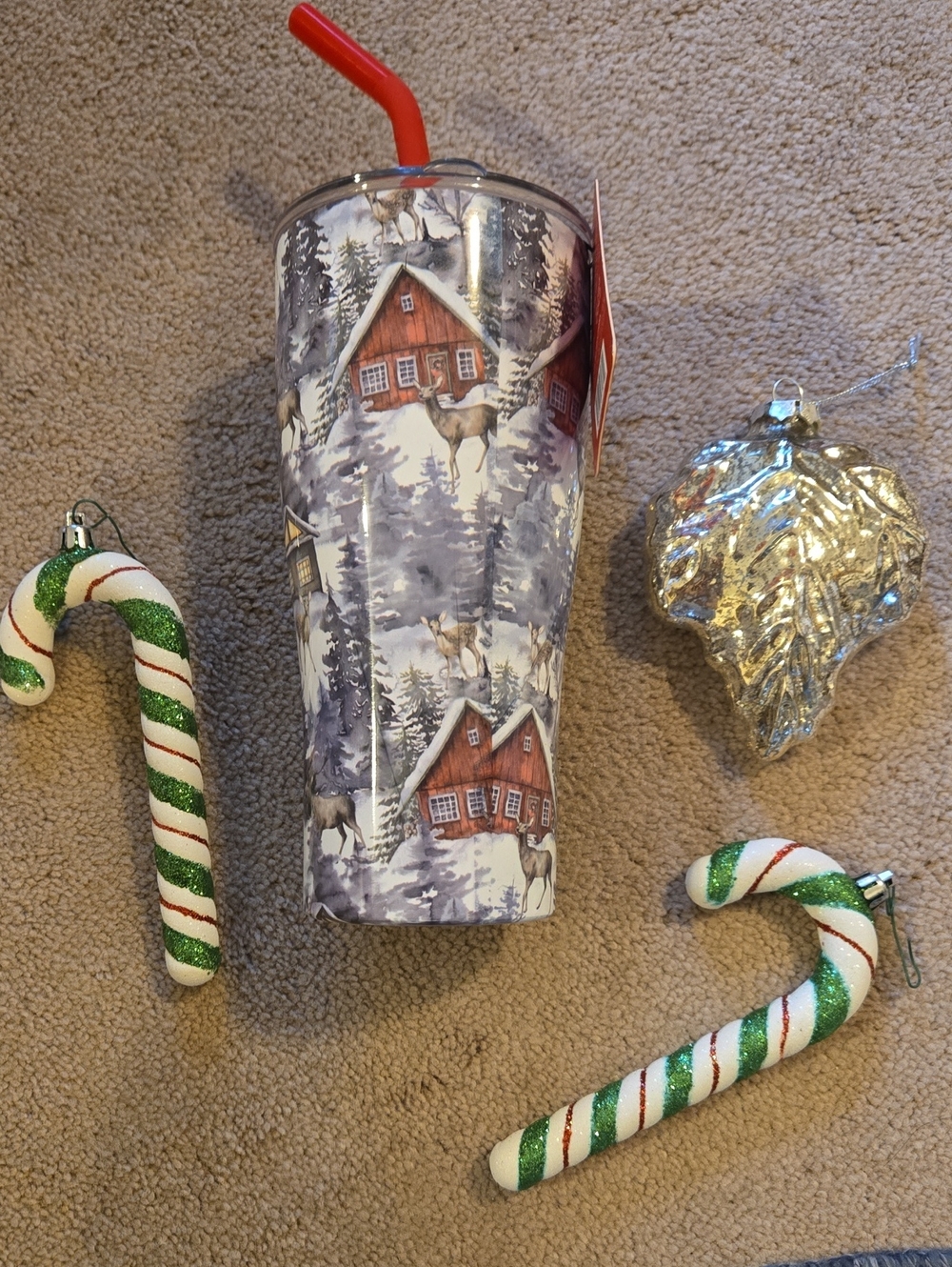 Holiday Winter Cabin Tumbler with Red Straw - Double Wall 30oz